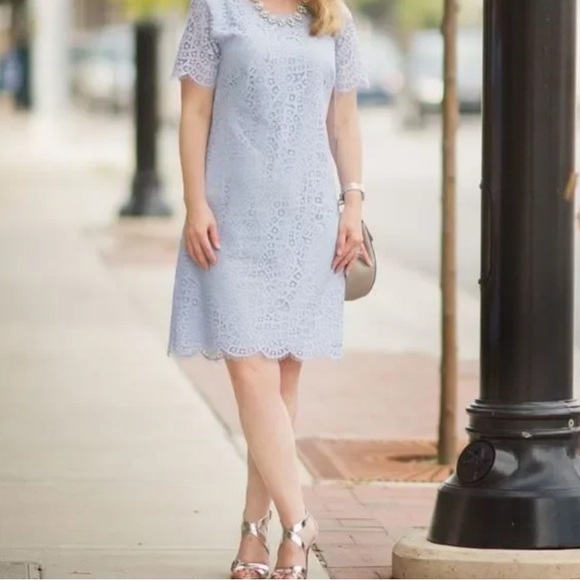 ANN TAYLOR Lace Overlay Shift Dress Pale Periwinkle Size 12 Short Sleeve - Picture 2 of 12